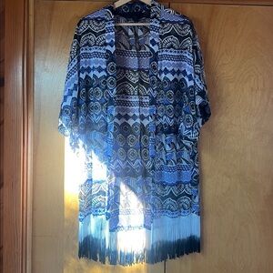 Steve Madden sheer kimono blue blk beach coverup with geometric pattern + fringe